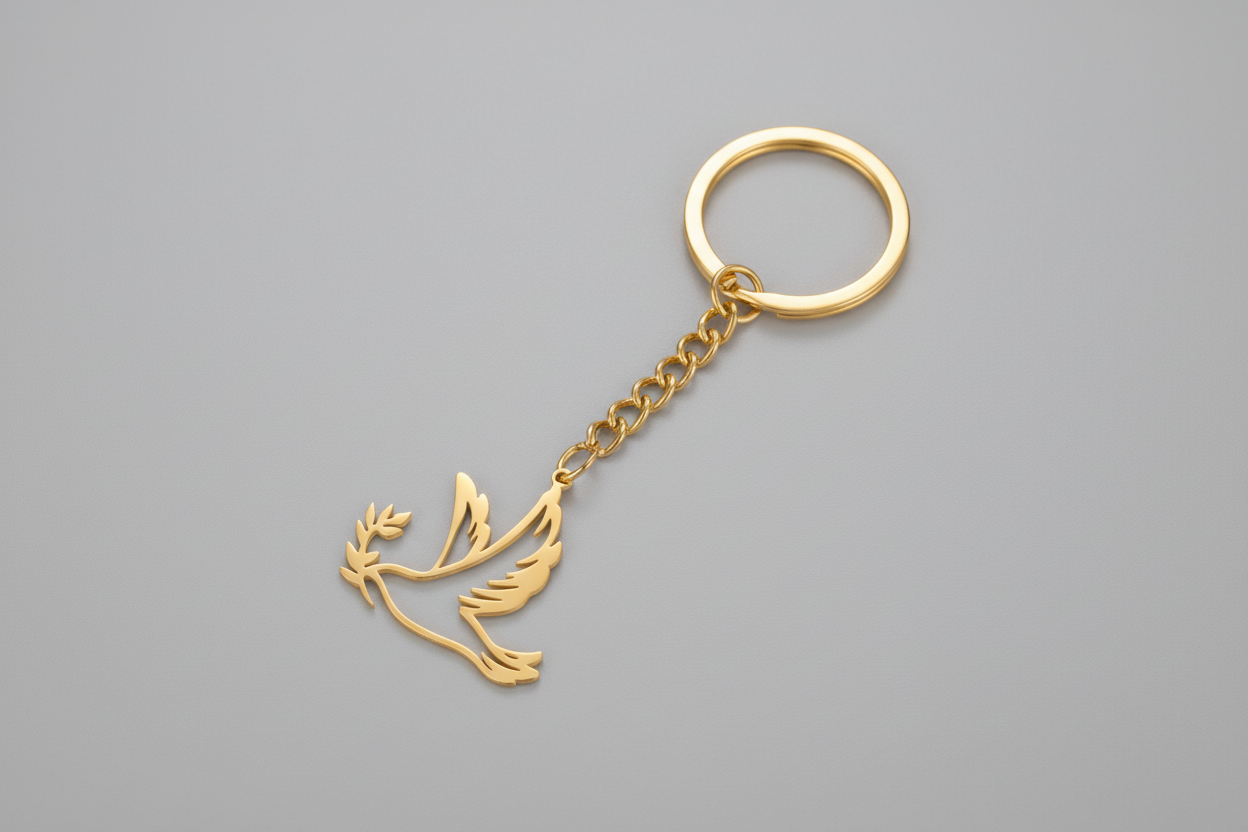 Gold keychain with a bird design on a black background