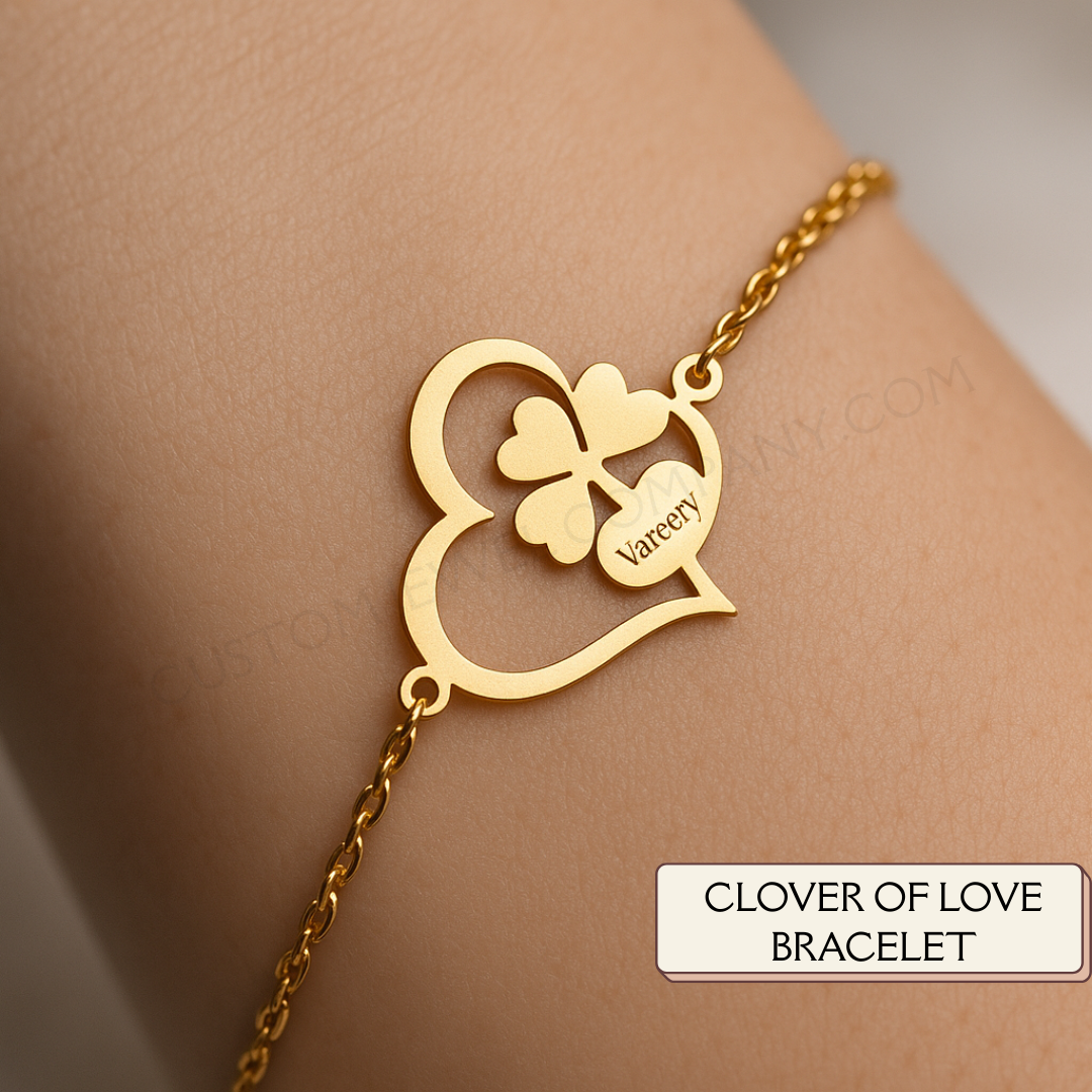 Elegant Clover of Love Bracelet with heart & clover charm. A minimalist gold good luck gift for her. Perfect for birthdays, love, and new beginnings.