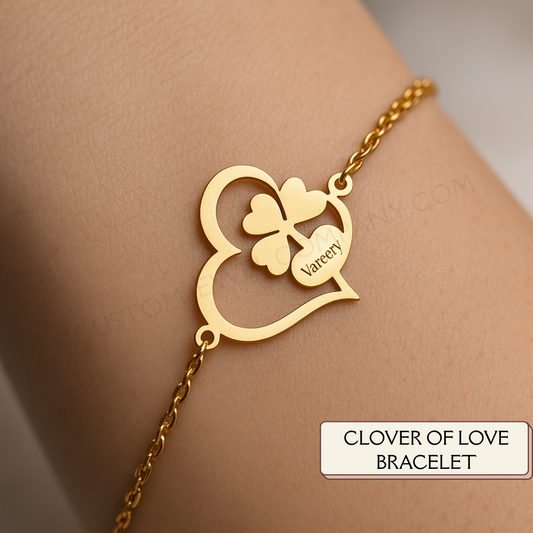 Elegant Clover of Love Bracelet with heart & clover charm. A minimalist gold good luck gift for her. Perfect for birthdays, love, and new beginnings.