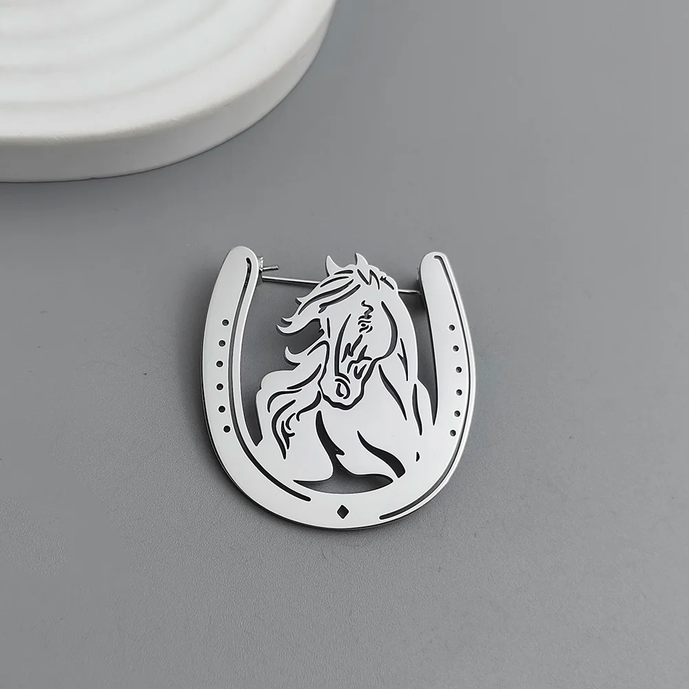Hollow Horseshoe Brooch Pin | Lucky Charm Lapel Pin in Stainless Steel | Western Rodeo Gift for Him Her | Custom Engraved Good Luck Pin