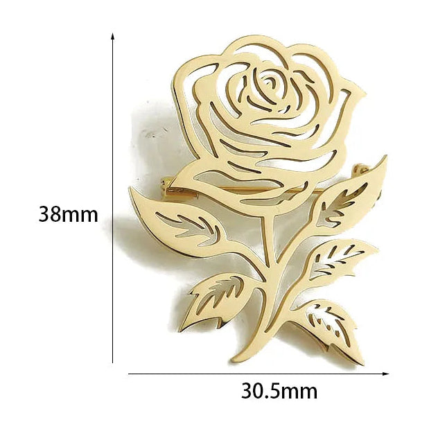 Gold rose-shaped brooch with measurements and material information on a white background