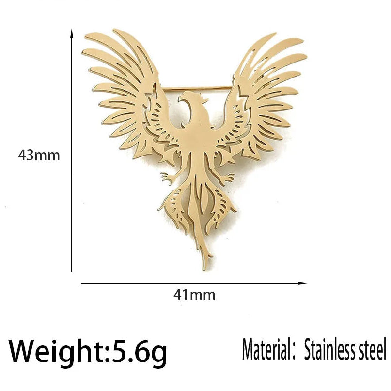 Gold phoenix brooch with measurements and material information on a white background