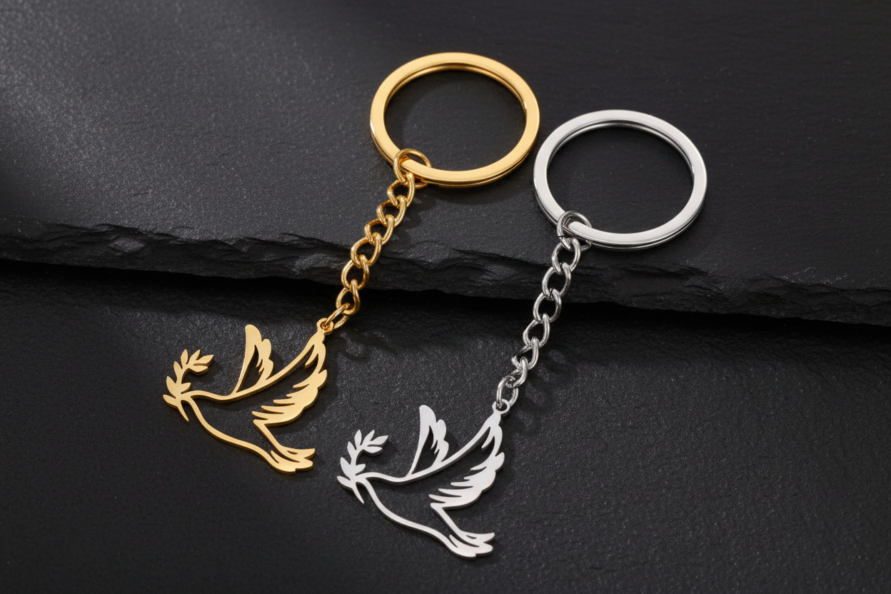 Gold and silver bird-shaped keychains on a beige surface