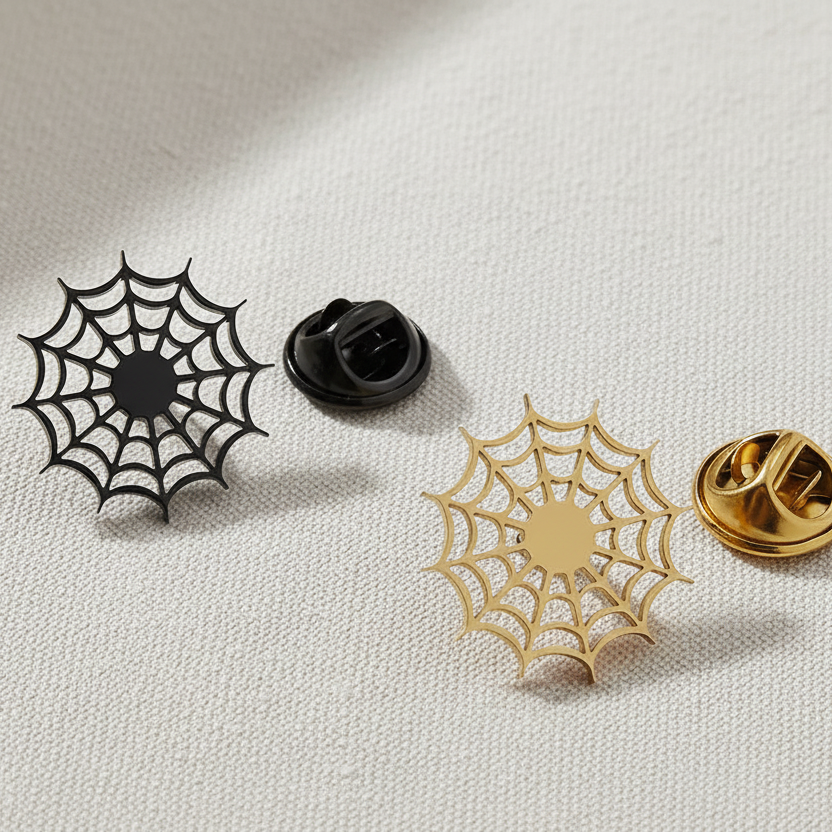 Black and gold spider web pins on a textured surface