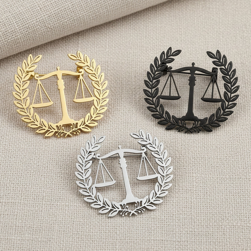 Three decorative emblems with scales and laurel wreaths in gold, silver, and black on a gray background.