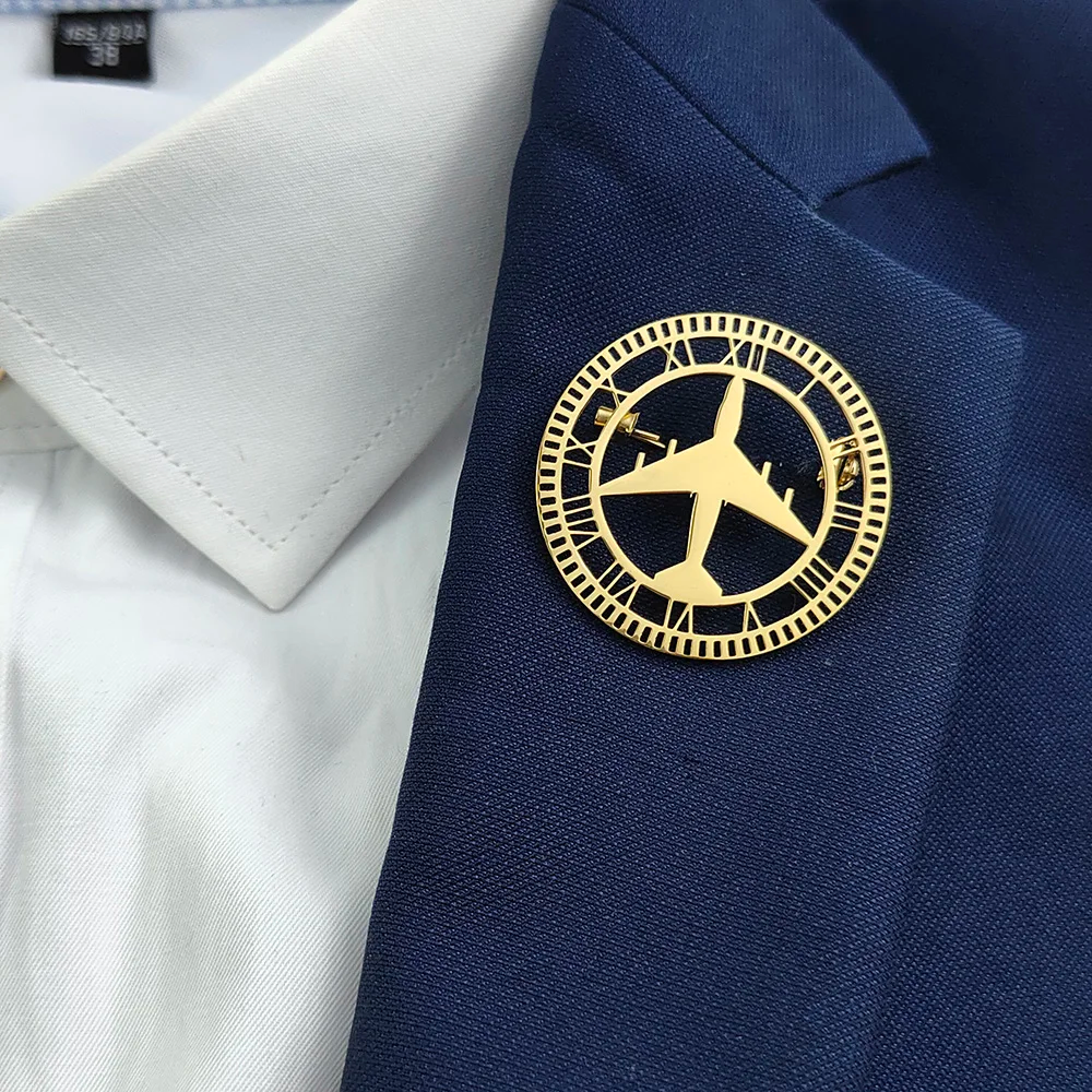 Airplane Clock Brooch Pin | Vintage Metal Aviation Lapel Pin for Men Women | Pilot Gift | Travel Lover Accessory | Suit Bag Jacket Hat Decoration