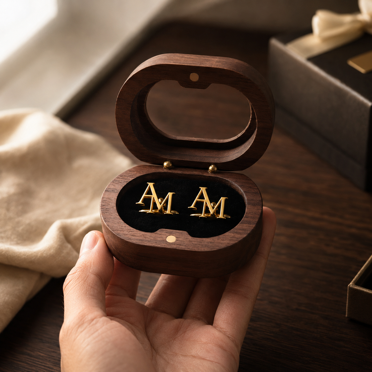 Custom Initials Cufflinks with Wooden Box