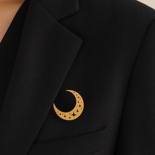 Crescent Moon Stars Brooch Pin