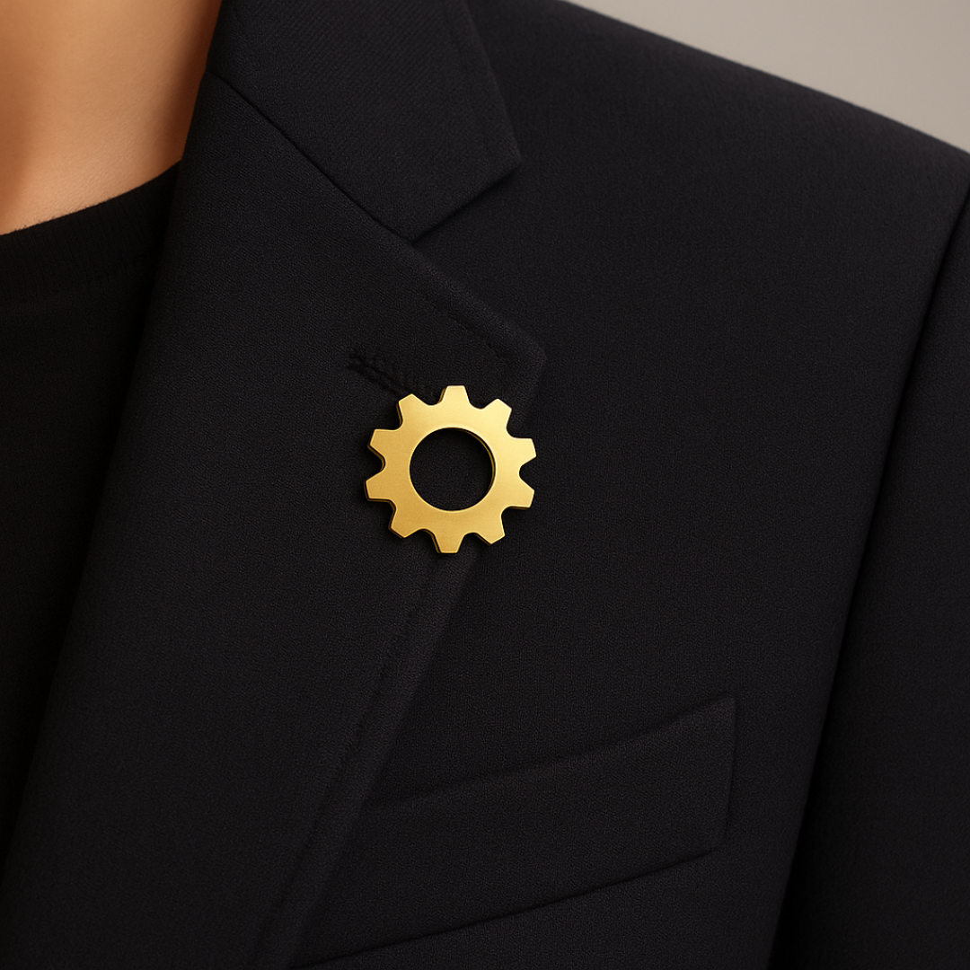 Gold gear-shaped pin on a black suit jacket