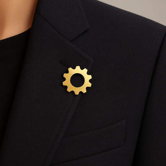 Gold gear-shaped pin on a black suit jacket