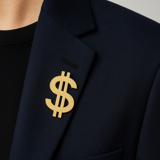 Navy blazer with a gold dollar sign emblem on a neutral background