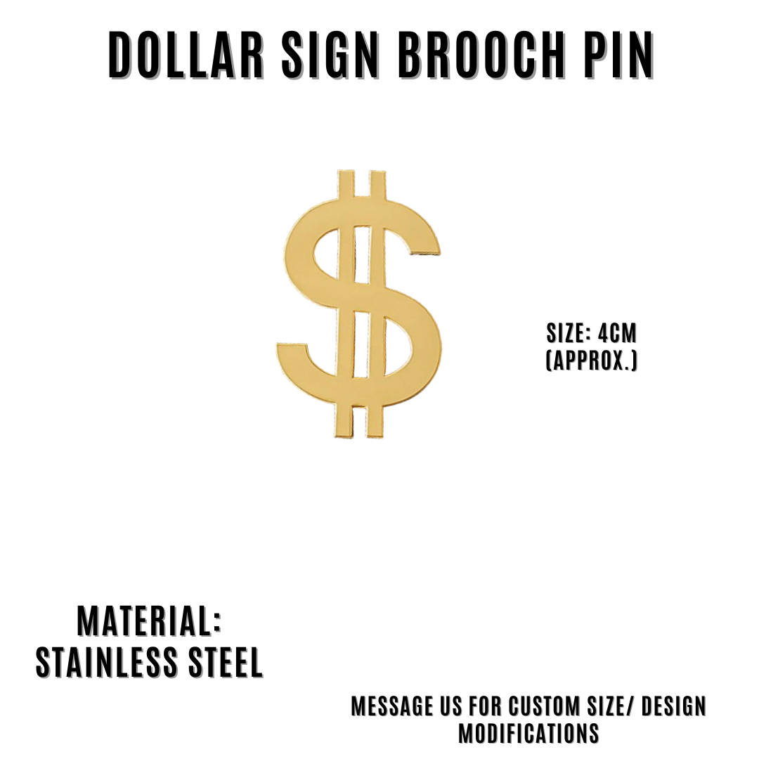 Gold dollar sign brooch pin with product details on a white background