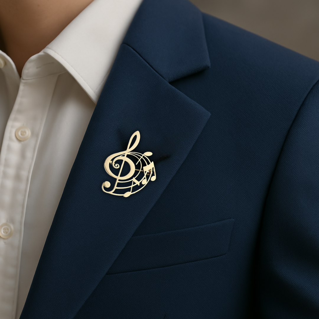Navy blazer with a gold music note brooch on a neutral background