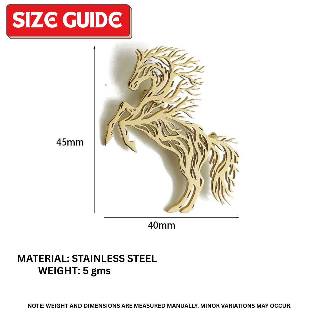 Gold horse-shaped brooch with measurements and material details on a white background