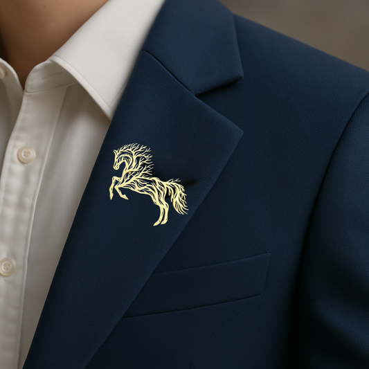 Navy blazer with a gold embroidered horse design on a neutral background
