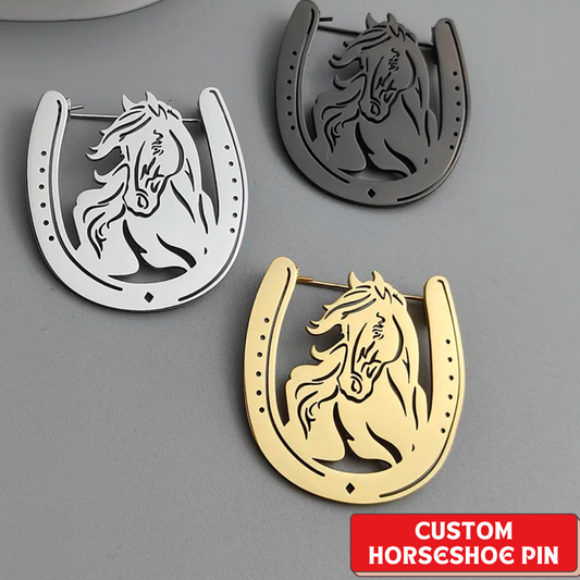 Hollow Horseshoe Brooch Pin | Lucky Charm Lapel Pin in Stainless Steel | Western Rodeo Gift for Him Her | Custom Engraved Good Luck Pin