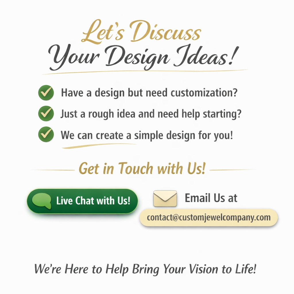 Promotional text for a custom jewelry company with contact options on a white background
