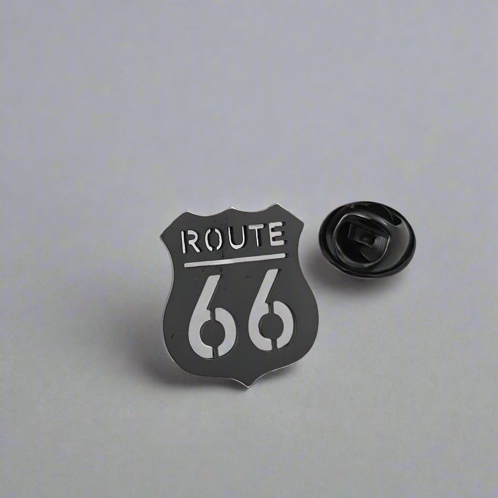 Route 66 Brooch Pin in gold & silver – stainless steel highway lapel pin, road trip gift for bikers, travelers, and adventure lovers.
