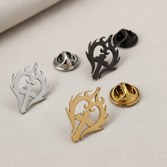 Flame Cross Heart Brooch Pin