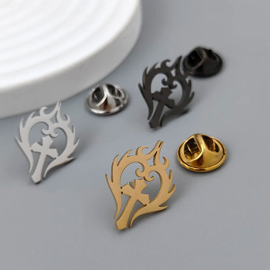 Flame Cross Heart Brooch Pin
