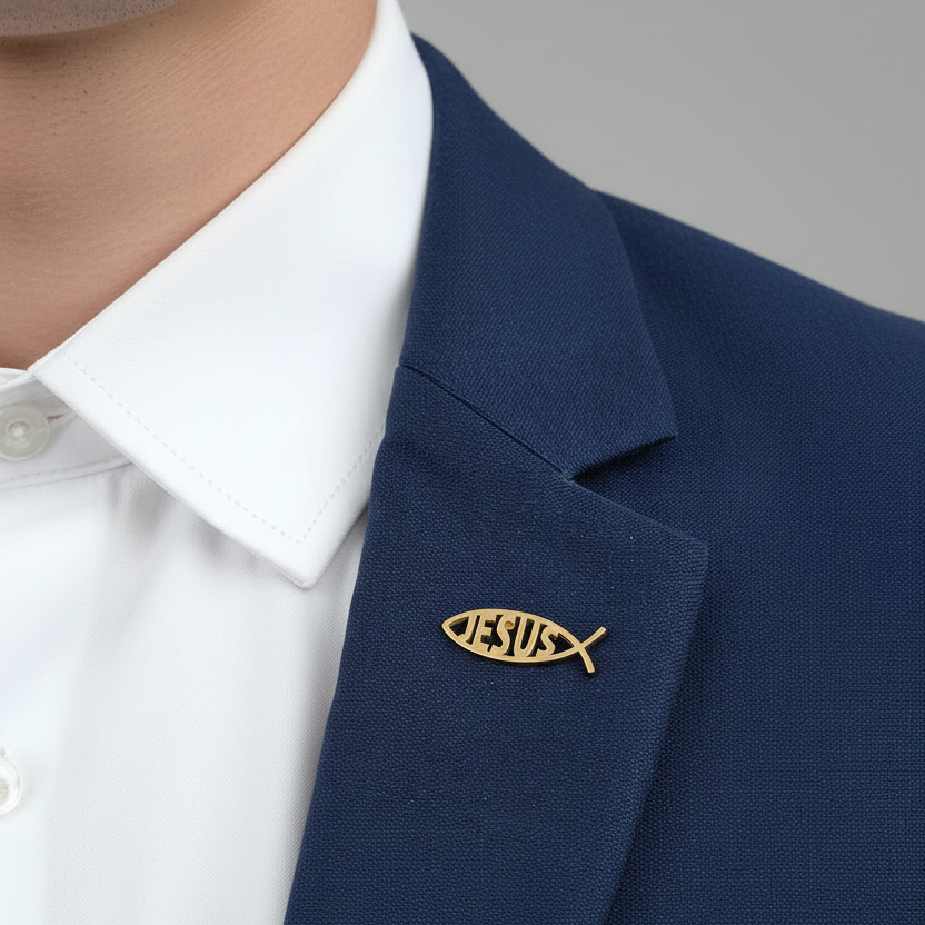 Navy blazer with a gold 'Jesus' fish pin on a gray background
