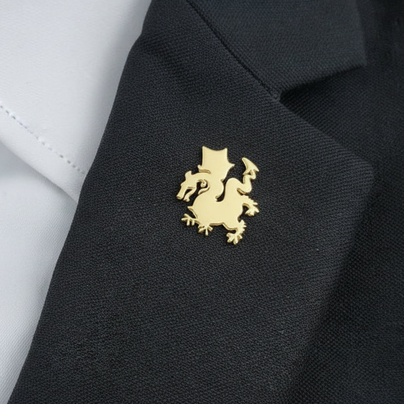 Close-up of a blue shirt with a gold emblem on a white background