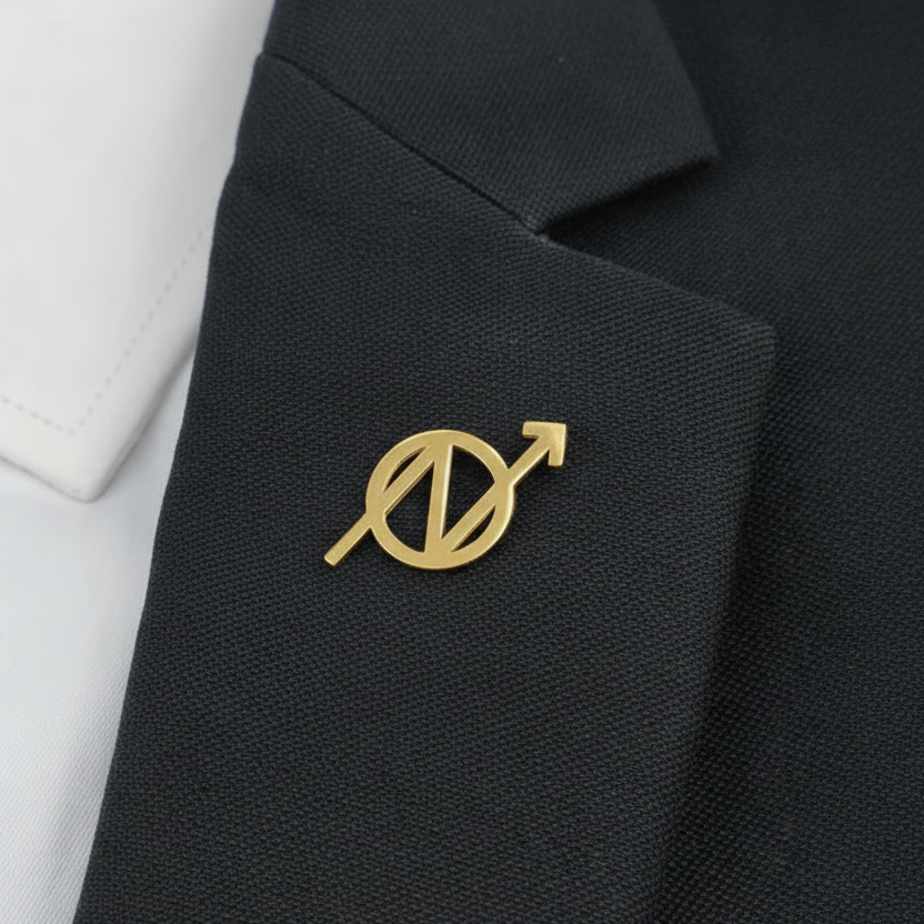 Gold symbol pin on a black blazer against a white background