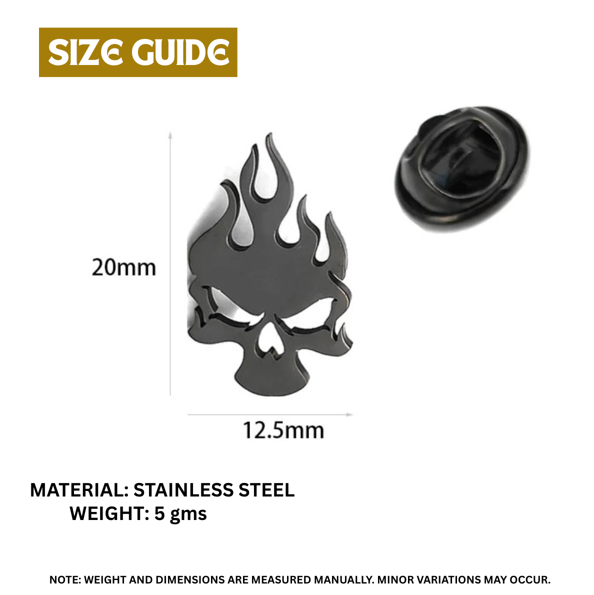 Size guide for a stainless steel product with flame design, dimensions, and material details.